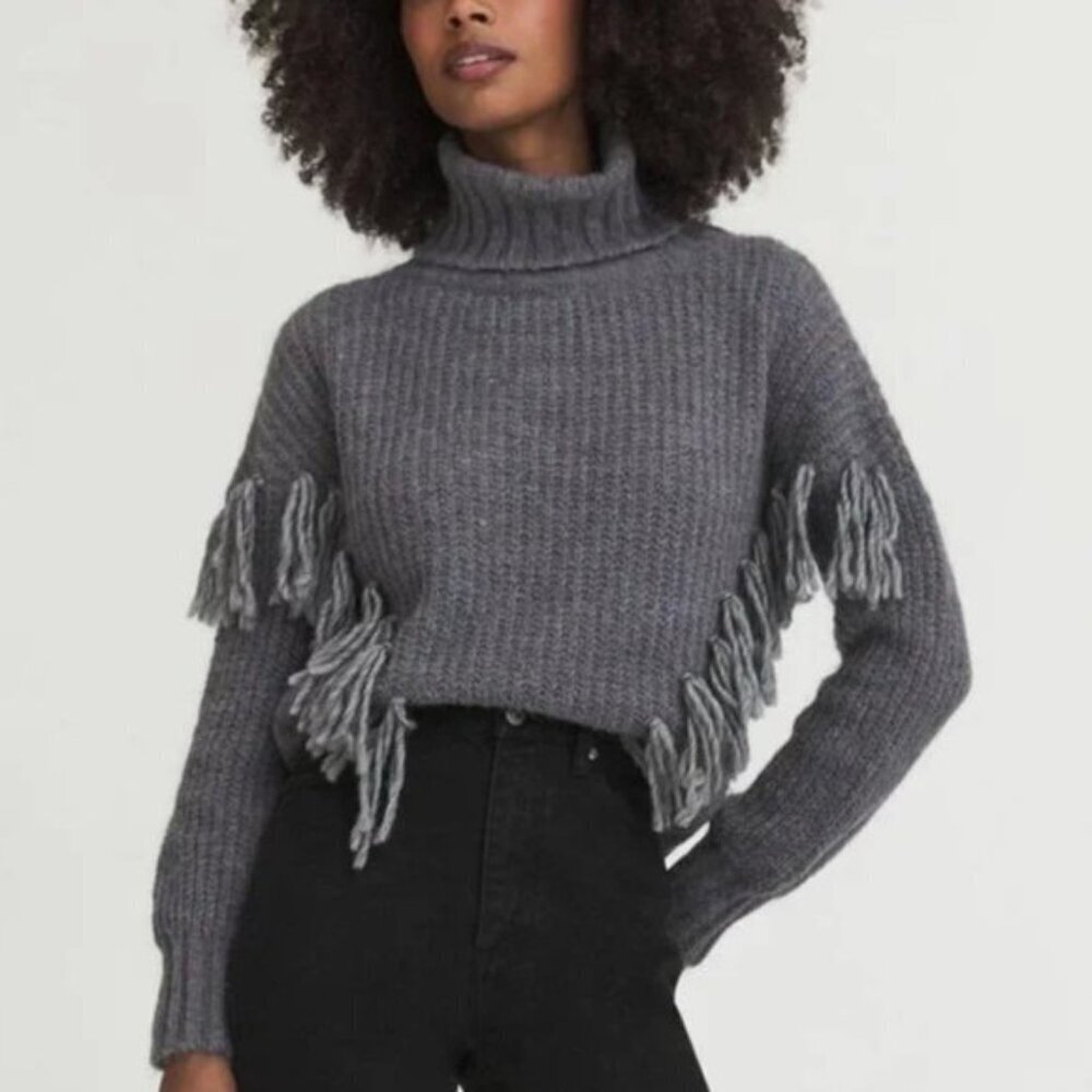 Something Navy Isla Fringe Turtleneck Sweater in Blue Gray size Large